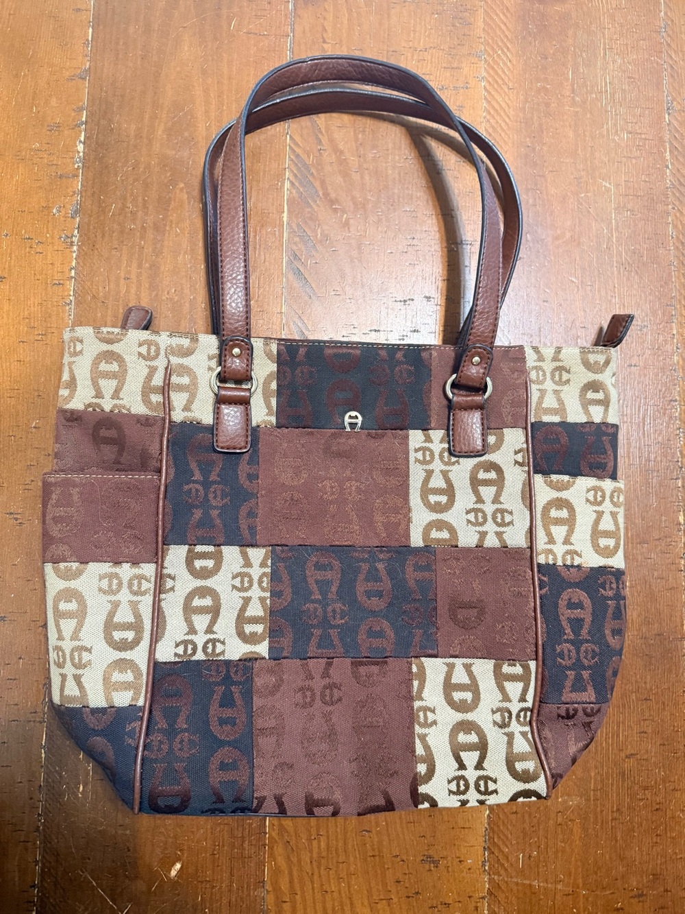 Etienne Aigner Brown Patchwork Tote Bag with Logo Pattern